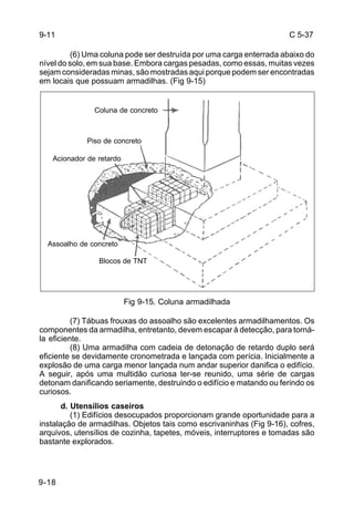 C 5-37 
9-11 
Acionador de retardo 
Assoalho de concreto 
9-18 
(6) Uma coluna pode ser destruída por uma carga enterrada abaixo do 
nível do solo, em sua base. Embora cargas pesadas, como essas, muitas vezes 
sejam consideradas minas, são mostradas aqui porque podem ser encontradas 
em locais que possuam armadilhas. (Fig 9-15) 
Coluna de concreto 
Piso de concreto 
Blocos de TNT 
Fig 9-15. Coluna armadilhada 
(7) Tábuas frouxas do assoalho são excelentes armadilhamentos. Os 
componentes da armadilha, entretanto, devem escapar à detecção, para torná-la 
eficiente. 
(8) Uma armadilha com cadeia de detonação de retardo duplo será 
eficiente se devidamente cronometrada e lançada com perícia. Inicialmente a 
explosão de uma carga menor lançada num andar superior danifica o edifício. 
A seguir, após uma multidão curiosa ter-se reunido, uma série de cargas 
detonam danificando seriamente, destruindo o edifício e matando ou ferindo os 
curiosos. 
d. Utensílios caseiros 
(1) Edifícios desocupados proporcionam grande oportunidade para a 
instalação de armadilhas. Objetos tais como escrivaninhas (Fig 9-16), cofres, 
arquivos, utensílios de cozinha, tapetes, móveis, interruptores e tomadas são 
bastante explorados. 
 
