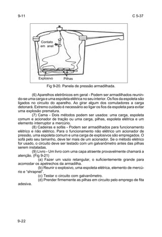 C 5-37 
9-11 
9-22 
Fig 9-20. Panela de pressão armadilhada. 
(6) Aparelhos eletrônicos em geral - Podem ser armadilhados reunin-do- 
se uma carga e uma espoleta elétrica no seu interior. Os fios da espoleta são 
ligados no circuito do aparelho. Ao girar algum dos comutadores a carga 
detonará. Extremo cuidado é necessário ao ligar os fios da espoleta para evitar 
uma explosão prematura. 
(7) Cama - Dois métodos podem ser usados: uma carga, espoleta 
comum e acionador de tração ou uma carga, pilhas, espoleta elétrica e um 
elemento interruptor a mercúrio. 
(8) Cadeiras e sofás - Podem ser armadilhados para funcionamento 
elétrico e não elétrico. Para o funcionamento não elétrico um acionador de 
pressão, uma espoleta comum e uma carga de explosivos são empregados. O 
sofá pelo seu tamanho, deve ter mais de um acionador. Se o método elétrico 
for usado, o circuito deve ser testado com um galvanômetro antes das pilhas 
serem instaladas. 
(9) Livro - Um livro com uma capa atraente provavelmente chamará a 
atenção. (Fig 9-21) 
(a) Fazer um vazio retangular, o suficientemente grande para 
acomodar os apetrechos da armadilha. 
(b) Reunir o explosivo, uma espoleta elétrica, elemento de mercú-rio 
e “shrapnel”. 
(c) Testar o circuito com galvanômetro. 
(d) Prender firmemente as pilhas em circuito pelo emprego de fita 
adesiva. 
Contato 
em anel 
Explosivo Pilhas 
 