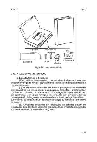 9-12 
9-23 
C 5-37 
Espoleta 
comum 
Elemento de 
mercúrio 
Explosivo Pilhas Fita 
adesiva 
Fig 9-21. Livro armadilhado 
9-12. ARMADILHAS NO TERRENO 
Shrapnel 
a. Estrada, trilhas e itinerários 
(1) Armadilhas usadas ao longo das estradas são de grande valor para 
dificultar o tráfego do inimigo, especialmente se elas forem lançadas no leito e 
nos acostamentos. 
(2) As armadilhas colocadas em trilhas e passagens são excelentes 
contra patrulhas que devam operar protegidas pela escuridão. Também podem 
constituir um obstáculo de retardamento ou frustração às tropas a pé. Podem 
ser constituídas por cargas “shrapnel improvisadas com um acionador tipo 
descompressão disfarçado ou escondido sob uma pedra, pedaço de madeira ou 
outro objeto, ou ainda, com um acionador de tração ou liberação e um arame 
de tropeço. 
(3) Armadilhas colocadas em obstáculos de estradas devem ser 
disfarçadas. Se o obstáculo é de difícil transposição, as armadilhas escondidas 
sob ele aumentarão sua eficiência. (Fig 9-22) 
 