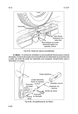 C 5-37 
9-26 
Dois blocos 
explosivos em 
cada lado 
Fig 9-25. Roda de viatura armadilhada 
b. Motor - A correia do ventilador é uma excelente âncora para o arame 
de tração. O arame de tração será mais difícil de ser detectado se ancorado sob 
a polia, de onde ele pode ser estendido com qualquer comprimento, para o 
acionador e a carga. 
Acionador 
de tração 
Arame 
tração 
Fig 9-26. Armadilhamento do Motor 
9-13 
Acionador 
Dois pedaços de cordel 
detonante ligados na 
espoleta comum 
Carga explosiva 
Cordel detonante 
fixado na espoleta 
comum Espoleta comum 
Adaptador de 
escorva 
Alicate de estriar 
Acionador 
Arame de liberação 
tenso 
 