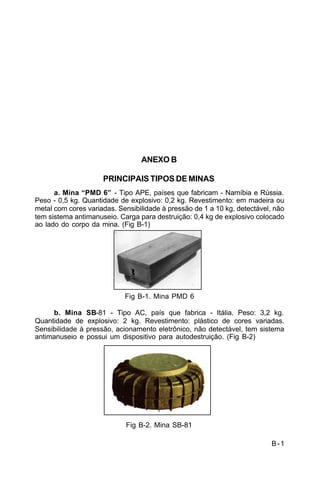 B-1 
C 5-37 
ANEXO B 
PRINCIPAIS TIPOS DE MINAS 
a. Mina “PMD 6” - Tipo APE, países que fabricam - Namíbia e Rússia. 
Peso - 0,5 kg. Quantidade de explosivo: 0,2 kg. Revestimento: em madeira ou 
metal com cores variadas. Sensibilidade à pressão de 1 a 10 kg, detectável, não 
tem sistema antimanuseio. Carga para destruição: 0,4 kg de explosivo colocado 
ao lado do corpo da mina. (Fig B-1) 
Fig B-1. Mina PMD 6 
b. Mina SB-81 - Tipo AC, país que fabrica - Itália. Peso: 3,2 kg. 
Quantidade de explosivo: 2 kg. Revestimento: plástico de cores variadas. 
Sensibilidade à pressão, acionamento eletrônico, não detectável, tem sistema 
antimanuseio e possui um dispositivo para autodestruição. (Fig B-2) 
Fig B-2. Mina SB-81 
 