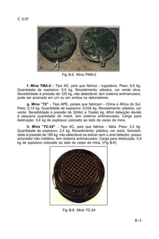 B-3 
C 5-37 
Fig B-5. Mina PMN-2 
f. Mina TMA-2 - Tipo AC, país que fabrica - Iugoslávia. Peso: 6,5 kg. 
Quantidade de explosivo: 5,5 kg. Revestimento: plástico, cor verde oliva. 
Sensibilidade à pressão de 120 kg, não detectável, tem sistema antimanuseio, 
pode ser acionada em um ou em ambos os detonadores. 
g. Mina “72” - Tipo APE, países que fabricam - China e África do Sul. 
Peso: 0,15 kg. Quantidade de explosivo: 0,034 kg. Revestimento: plástico, cor 
verde. Sensibilidade à pressão de 3(três) a 7(sete) kg, difícil detecção devido 
à pequena quantidade de metal, tem sistema antimanuseio. Carga para 
destruição: 0,4 kg de explosivo colocado ao lado do corpo da mina. 
h. Mina “TC-24” - Tipo AC, país que fabrica - Itália. Peso: 3,3 kg. 
Quantidade de explosivo: 2,4 kg. Revestimento: plástico, cor areia. Sensibili-dade 
à pressão de 180 kg, não detectável se estiver sem o anel detector, possui 
acionador não metálico, tem sistema antimanuseio. Carga para destruição: 0,4 
kg de explosivo colocado ao lado do corpo da mina. (Fig B-6) 
Fig B-6. Mina TC-24 
 