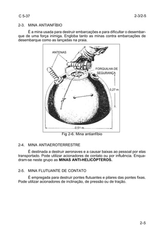 2-5 
C 5-37 
2-3. MINA ANTIANFÍBIO 
É a mina usada para destruir embarcações e para dificultar o desembar-que 
de uma força inimiga. Engloba tanto as minas contra embarcações de 
desembarque como as lançadas na praia. 
Fig 2-6. Mina antianfíbio 
2-4. MINA ANTIAEROTERRESTRE 
É destinada a destruir aeronaves e a causar baixas ao pessoal por elas 
transportado. Pode utilizar acionadores de contato ou por influência. Enqua-dram- 
se neste grupo as MINAS ANTI-HELICÓPTEROS. 
2-5. MINA FLUTUANTE DE CONTATO 
É empregada para destruir pontes flutuantes e pilares das pontes fixas. 
Pode utilizar acionadores de inclinação, de pressão ou de tração. 
2-3/2-5 
ANTENAS 
FORQUILHA DE 
SEGURANÇA 
0,51 m 
0,27 m 
 