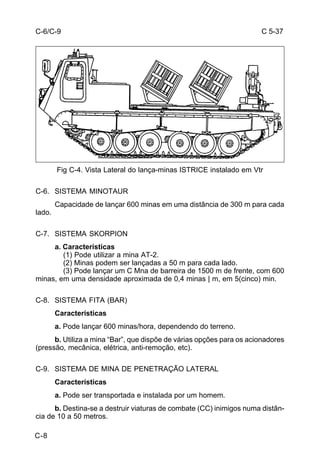 C 5-37 
C-6/C-9 
C-8 
Fig C-4. Vista Lateral do lança-minas ISTRICE instalado em Vtr 
C-6. SISTEMA MINOTAUR 
Capacidade de lançar 600 minas em uma distância de 300 m para cada 
lado. 
C-7. SISTEMA SKORPION 
a. Características 
(1) Pode utilizar a mina AT-2. 
(2) Minas podem ser lançadas a 50 m para cada lado. 
(3) Pode lançar um C Mna de barreira de 1500 m de frente, com 600 
minas, em uma densidade aproximada de 0,4 minas | m, em 5(cinco) min. 
C-8. SISTEMA FITA (BAR) 
Características 
a. Pode lançar 600 minas/hora, dependendo do terreno. 
b. Utiliza a mina “Bar”, que dispõe de várias opções para os acionadores 
(pressão, mecânica, elétrica, anti-remoção, etc). 
C-9. SISTEMA DE MINA DE PENETRAÇÃO LATERAL 
Características 
a. Pode ser transportada e instalada por um homem. 
b. Destina-se a destruir viaturas de combate (CC) inimigos numa distân-cia 
de 10 a 50 metros. 
 