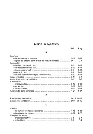 ÍNDICE ALFABÉTICO 
Prf Pag 
A 
Abertura 
- de uma estrada minada ................................................... 5-17 5-23 
- rápida de brecha com o uso de viatura blindada ................ D-7 D-7 
Acionador 
- de descompressão M1 ..................................................... 8-11 8-19 
- de descompressão M5 ..................................................... 8-10 8-17 
- de pressão M1A1 ............................................................ 8-7 8-10 
- de tração M1 ................................................................... 8-8 8-12 
- do tipo combinado tração - liberação M3 ........................... 8-9 8-14 
Áreas minadas ....................................................................... 3-14 3-7 
Armadilhamento de edifícios ................................................... 9-11 9-9 
Armadilhas 
- improvisadas ................................................................... 8-13 8-26 
- no terreno ....................................................................... 9-12 9-23 
- padronizadas ................................................................... 8-12 8-21 
Autoridade para emprego ....................................................... 4-24 4-37 
B 
Bandeirolas vermelhas ........................................................... D-12 D-13 
Bastão de sondagem .............................................................. D-9 D-10 
C 
Cálculo 
- do número de faixas regulares ......................................... 4-18 4-31 
- do número de minas ........................................................ 4-17 4-28 
Campos de minas 
- antiaeroterrestres ............................................................ 3-8 3-4 
- antianfíbios ..................................................................... 3-7 3-4 
 