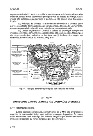 C 5-37 
3-16/3-17 
organização inicial do terreno, a unidade, devidamente autorizada pelo escalão 
superior, coloca minas cobrindo as principais vias de acesso do inimigo. Estas 
minas são colocadas rapidamente e podem ou não seguir uma disposição 
fixada. 
DISSEMINADAS CAMPO DE 
MINAS 300 m 
DISTÂNCIA DA POSIÇÃO 
AO CAMPO DE MINAS 
PROFUNDIDADE DAS 
ZONAS DE DEFESA 
AVANÇADAS 
DISTÂNCIA ENTRE 
AS ZONAS DE 
DEFESA 
PROFUNDIDADE DAS 
ZONAS DE DEFESA 
RECUADAS 
3-10 
(2) Proteção da unidade - Se a defesa é demorada, a unidade pode 
prever a instalação de minas adicionais para a proteção da unidade. Comumente, 
esses campos adicionais utilizam a dotação de minas da unidade. 
(3) Defesa organizada - Quando a defesa se prolongar, campos de 
minas coordenados com uma defesa organizada são estabelecidos. Os campos 
de minas existentes, inclusive os inimigos que já tenham sido objeto de 
relatórios, são utilizados ao máximo. (Fig 3-4) 
INIMIGO 
100 m 100 m 
NÚCLEO NÚCLEO 
NÚCLEO 
100 m 
300 
m 
300 
m 
300 
m 
100 m 
100 m 
300 m 
600 m 
300 m 
300 m 
MINAS 
LEGENDA 
CERCA DE 
DEMARCAÇÃO 
TAM NE? 
PASSAGEM 
POSTO DE VIG 
E COMBATE 
0 100 200 300 400 500 600 700 
ESC EM METROS 
Fig 3-4. Posição defensiva protegida por campos de minas 
ARTIGO V 
LEGENDA 
FAIXA DE MINAS 
CAMPO DE MINAS 
MINAS 
DISSEMINADAS 
C Mna SIMULADOS 
REDE DE ARAME 
EMPREGO DE CAMPOS DE MINAS NAS OPERAÇÕES OFENSIVAS 
3-17. SITUAÇÃO GERAL 
a. Nas operações ofensivas, normalmente, os C Mna são empregados 
nas vias de acesso do inimigo, que incidam em nosso dispositivo. As minas 
mais adequadas para emprego são aquelas lançadas por meios mecânicos 
(minas de dispersão ou minas lançadas por disseminação). 
 