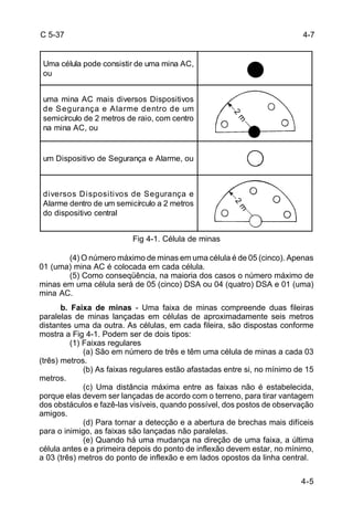 4-7 
4-5 
C 5-37 
Uma célula pode consistir de uma mina AC, 
ou 
uma mina AC mais diversos Dispositivos 
de Segurança e Alarme dentro de um 
semicírculo de 2 metros de raio, com centro 
na mina AC, ou 
um Dispositivo de Segurança e Alarme, ou 
diversos Dispositivos de Segurança e 
Alarme dentro de um semicírculo a 2 metros 
do dispositivo central 
Fig 4-1. Célula de minas 
2 m 
2 m 
(4) O número máximo de minas em uma célula é de 05 (cinco). Apenas 
01 (uma) mina AC é colocada em cada célula. 
(5) Como conseqüência, na maioria dos casos o número máximo de 
minas em uma célula será de 05 (cinco) DSA ou 04 (quatro) DSA e 01 (uma) 
mina AC. 
b. Faixa de minas - Uma faixa de minas compreende duas fileiras 
paralelas de minas lançadas em células de aproximadamente seis metros 
distantes uma da outra. As células, em cada fileira, são dispostas conforme 
mostra a Fig 4-1. Podem ser de dois tipos: 
(1) Faixas regulares 
(a) São em número de três e têm uma célula de minas a cada 03 
(três) metros. 
(b) As faixas regulares estão afastadas entre si, no mínimo de 15 
metros. 
(c) Uma distância máxima entre as faixas não é estabelecida, 
porque elas devem ser lançadas de acordo com o terreno, para tirar vantagem 
dos obstáculos e fazê-las visíveis, quando possível, dos postos de observação 
amigos. 
(d) Para tornar a detecção e a abertura de brechas mais difíceis 
para o inimigo, as faixas são lançadas não paralelas. 
(e) Quando há uma mudança na direção de uma faixa, a última 
célula antes e a primeira depois do ponto de inflexão devem estar, no mínimo, 
a 03 (três) metros do ponto de inflexão e em lados opostos da linha central. 
 
