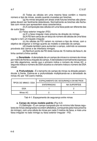 C 5-37 
4-7 
TIPOS DE MINAS / DSA 
4-6 
(f) Todas as células em uma mesma faixa contêm o mesmo 
número e tipo de minas, exceto quando cruzadas por brechas. 
(g) As minas lançadas em áreas onde futuras brechas são plane-jadas 
devem ser facilmente detectáveis. Normalmente as brechas são fecha-das 
com minas que apresentem essa característica. 
(h) A composição das células em uma faixa pode ser diferente das 
de outra faixa. 
(2) Faixa exterior irregular (FEI) 
(a) É a faixa irregular mais próxima da direção do inimigo. 
(b) A FEI tem cerca de um terço do número de células de uma faixa 
regular e tem um traçado irregular. 
(c) As células da FEI variam no número e tipo de minas, com o 
objetivo de enganar o inimigo quanto ao modelo e extensão do campo. 
(d) Usada também para aumentar o campo, cobrindo os acessos 
prováveis dos carros e da infantaria inimigos. 
(e) Nenhum ponto da FEI dista menos de 15 metros da faixa A, de 
linha central a linha central. 
c. Densidade - A densidade de um campo de minas é o número de minas 
por metro de frente ou traçado do campo. A densidade é normalmente expressa 
por três algarismos, sendo que o primeiro indica o número de minas AC, o 
segundo indica o número de DSA acústico e o terceiro indica o número de DSA 
visual. 
d. Profundidade - É o tamanho do campo de minas na direção perpen-dicular 
à frente. Estima-se a profundidade multiplicando-se a densidade de 
minas AC por 100 (cem) metros. 
ESPAÇAMENTO DE SEGURANÇA EM METROS 
ENTERRADAS NA SUPERFÍCIE 
DSA 1 2 
Minas AC 2 4 
Tab 4-1. Espaçamento de segurança entre minas 
e. Campo de minas modelo padrão (Fig 4-2) 
(1) Definição - É um campo composto por no mínimo três faixas regu-lares 
de minas (designadas na ordem alfabética, começando pela mais próxima 
do inimigo), com uma célula de minas por cada 3 metros de faixa, e mais uma 
faixa irregular no lado inimigo ou faixa exterior irregular - FEI. 
 