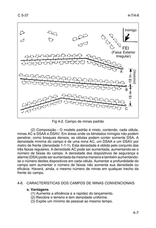 Inimigo 
18 m 
(mínimo) 
4-7 
C 5-37 
Fig 4-2. Campo de minas padrão 
(2) Composição - O modelo padrão é misto, contendo, cada célula, 
minas AC e DSAA e DSAV. Em áreas onde os blindados inimigos não podem 
penetrar, como bosques densos, as células podem conter somente DSA. A 
densidade mínima do campo é de uma mina AC, um DSAA e um DSAV por 
metro de frente (densidade 1-1-1). Esta densidade é obtida pelo conjunto das 
três faixas regulares. A densidade AC pode ser aumentada, aumentando-se o 
número de faixas do campo. A densidade dos dispositivos de segurança e 
alarme (DSA) pode ser aumentada da mesma maneira e também aumentando-se 
o número destes dispositivos em cada célula. Aumentar a profundidade do 
campo sem aumentar o número de faixas não aumenta sua densidade ou 
eficácia. Haverá, ainda, o mesmo número de minas em qualquer trecho da 
frente do campo. 
4-8. CARACTERÍSTICAS DOS CAMPOS DE MINAS CONVENCIONAIS 
a. Vantagens 
(1) Aumenta a eficiência e a rapidez do lançamento. 
(2) Recobre o terreno e tem densidade uniforme. 
(3) Expõe um mínimo de pessoal ao mesmo tempo. 
4-7/4-8 
FEI 
(Faixa Exterior 
Irregular) 
A 
B 
18 m 
C 
 
