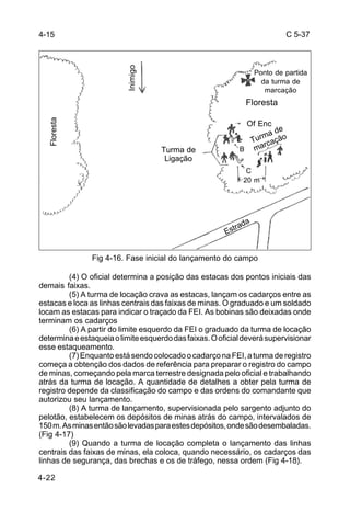 C 5-37 
4-15 
Floresta 
4-22 
Inimigo 
Turma de 
Ligação 
Ponto de partida 
da turma de 
marcação 
Floresta 
Of Enc Turma de 
marcação 
B 
C 
20 m 
Estrada 
Fig 4-16. Fase inicial do lançamento do campo 
(4) O oficial determina a posição das estacas dos pontos iniciais das 
demais faixas. 
(5) A turma de locação crava as estacas, lançam os cadarços entre as 
estacas e loca as linhas centrais das faixas de minas. O graduado e um soldado 
locam as estacas para indicar o traçado da FEI. As bobinas são deixadas onde 
terminam os cadarços 
(6) A partir do limite esquerdo da FEI o graduado da turma de locação 
determina e estaqueia o limite esquerdo das faixas. O oficial deverá supervisionar 
esse estaqueamento. 
(7) Enquanto está sendo colocado o cadarço na FEI, a turma de registro 
começa a obtenção dos dados de referência para preparar o registro do campo 
de minas, começando pela marca terrestre designada pelo oficial e trabalhando 
atrás da turma de locação. A quantidade de detalhes a obter pela turma de 
registro depende da classificação do campo e das ordens do comandante que 
autorizou seu lançamento. 
(8) A turma de lançamento, supervisionada pelo sargento adjunto do 
pelotão, estabelecem os depósitos de minas atrás do campo, intervalados de 
150 m. As minas então são levadas para estes depósitos, onde são desembaladas. 
(Fig 4-17) 
(9) Quando a turma de locação completa o lançamento das linhas 
centrais das faixas de minas, ela coloca, quando necessário, os cadarços das 
linhas de segurança, das brechas e os de tráfego, nessa ordem (Fig 4-18). 
 