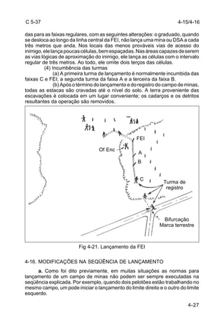 C 5-37 
das para as faixas regulares, com as seguintes alterações: o graduado, quando 
se desloca ao longo da linha central da FEI, não lança uma mina ou DSA a cada 
três metros que anda. Nos locais das menos prováveis vias de acesso do 
inimigo, ele lança poucas células, bem espaçadas. Nas áreas capazes de serem 
as vias lógicas de aproximação do inimigo, ele lança as células com o intervalo 
regular de três metros. Ao todo, ele omite dois terços das células. 
4-15/4-16 
Turma de 
registro 
Bifurcação 
Marca terrestre 
4-27 
(4) Incumbência das turmas 
(a) A primeira turma de lançamento é normalmente incumbida das 
faixas C e FEI; a segunda turma da faixa A e a terceira da faixa B. 
(b) Após o término do lançamento e do registro do campo de minas, 
todas as estacas são cravadas até o nível do solo. A terra proveniente das 
escavações é colocada em um lugar conveniente; os cadarços e os detritos 
resultantes da operação são removidos. 
Of Enc 
FEI 
A 
B 
C 
Fig 4-21. Lançamento da FEI 
4-16. MODIFICAÇÕES NA SEQÜÊNCIA DE LANÇAMENTO 
a. Como foi dito previamente, em muitas situações as normas para 
lançamento de um campo de minas não podem ser sempre executadas na 
seqüência explicada. Por exemplo, quando dois pelotões estão trabalhando no 
mesmo campo, um pode iniciar o lançamento do limite direito e o outro do limite 
esquerdo. 
 