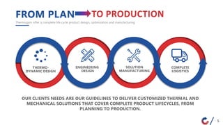 FROM PLAN
Thermogym offer a complete life cycle product design, optimization and manufacturing
LOGISTICSOUR CLIENTS NEEDS ARE OUR GUIDELINES TO DELIVER CUSTOMIZED THERMAL AND
MECHANICAL SOLUTIONS THAT COVER COMPLETE PRODUCT LIFECYCLES, FROM
PLANNING TO PRODUCTION.
THERMO-
DYNAMIC DESIGN
ENGINEERING
DESIGN
SOLUTION
MANUFACTURING
COMPLETE
LOGISTICS
5
TO PRODUCTION
 