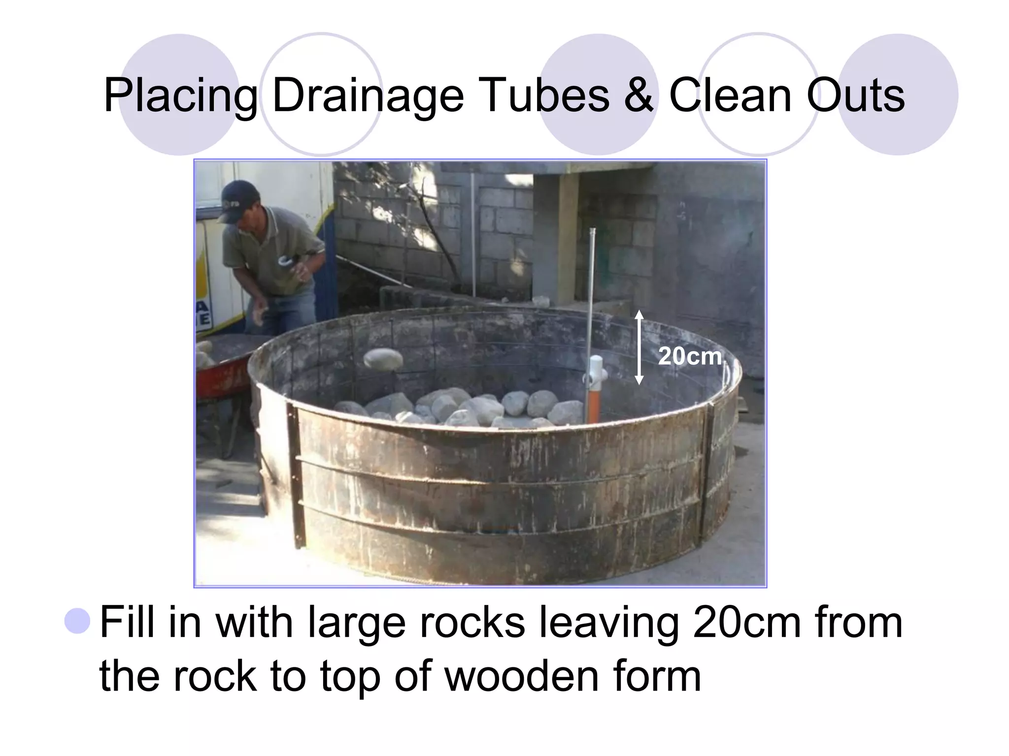 Placing Drainage Tubes & Clean Outs
Fill in with large rocks leaving 20cm from
the rock to top of wooden form
20cm
20cm
 