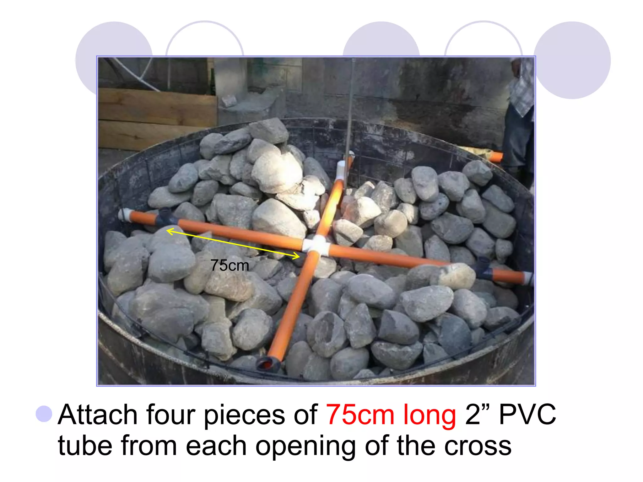 Attach four pieces of 75cm long 2” PVC
tube from each opening of the cross
75cm
 
