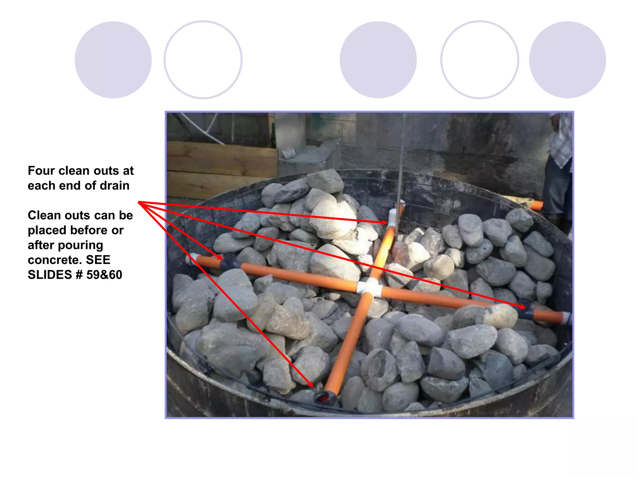 Four clean outs at
each end of drain
Clean outs can be
placed before or
after pouring
concrete. SEE
SLIDES # 59&60
 