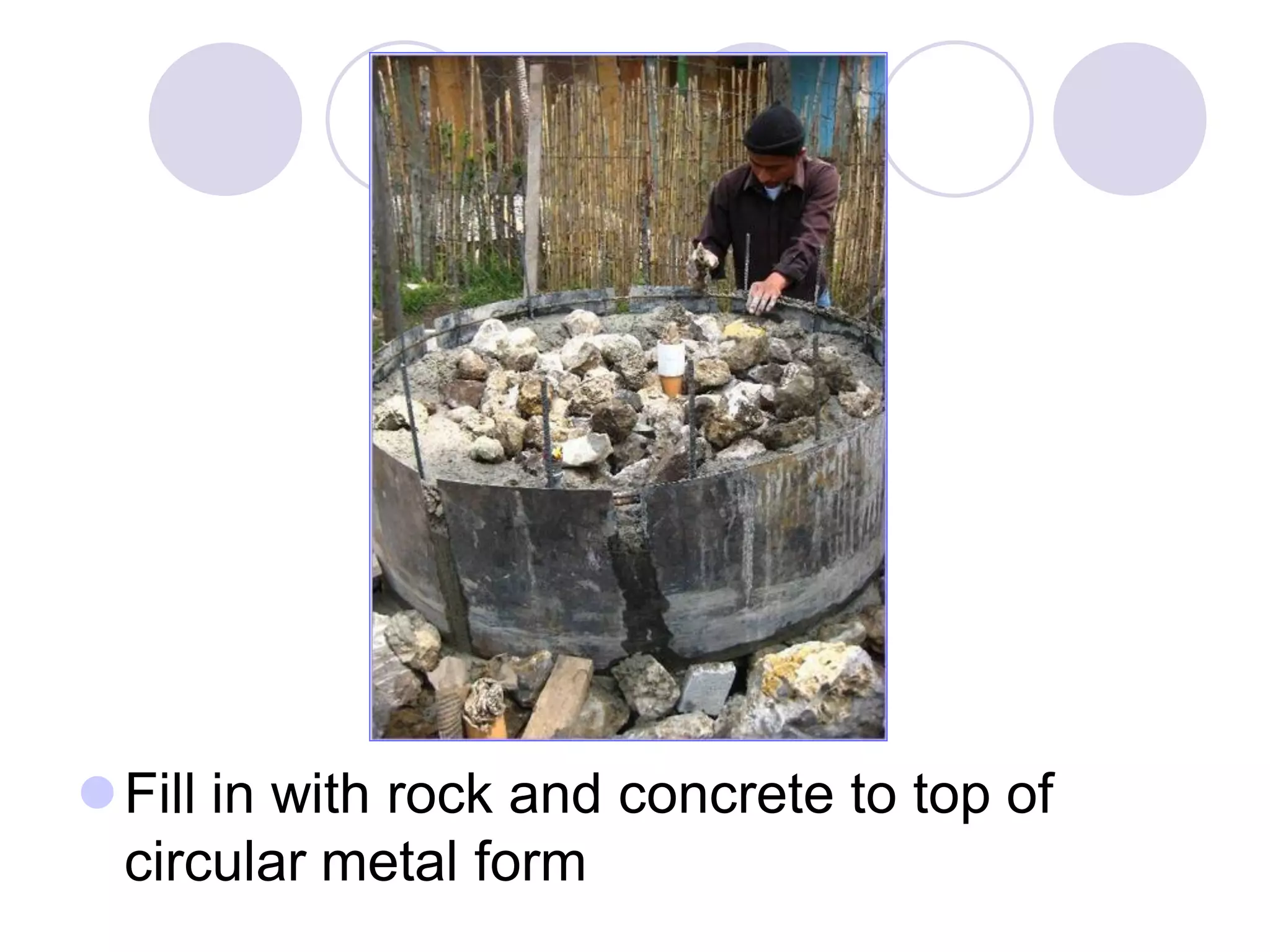 Fill in with rock and concrete to top of
circular metal form
 