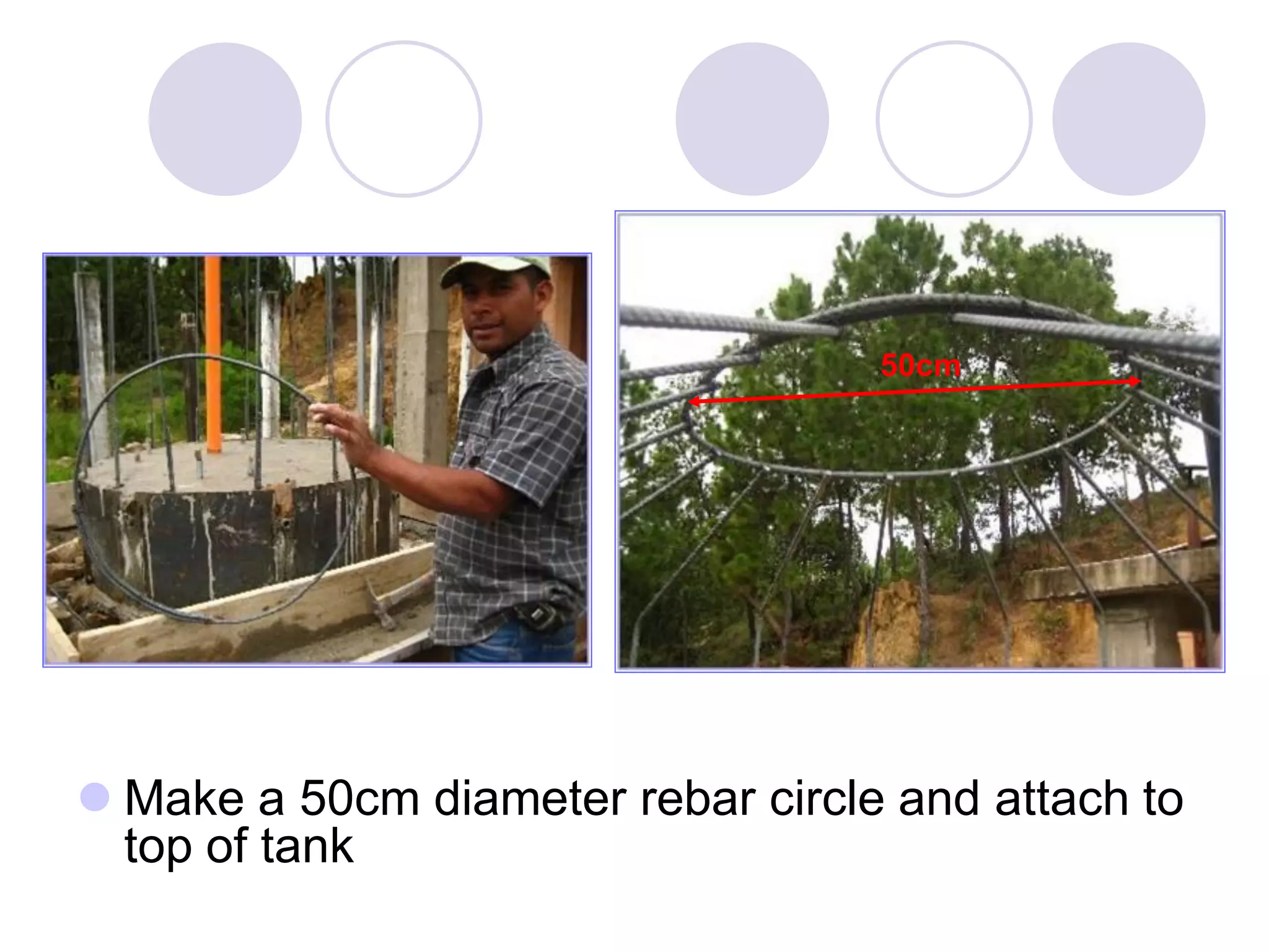  Make a 50cm diameter rebar circle and attach to
top of tank
50cm
 