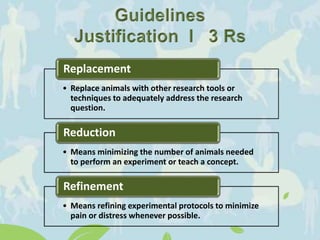 • Replace animals with other research tools or
techniques to adequately address the research
question.
Replacement
• Means minimizing the number of animals needed
to perform an experiment or teach a concept.
Reduction
• Means refining experimental protocols to minimize
pain or distress whenever possible.
Refinement
 