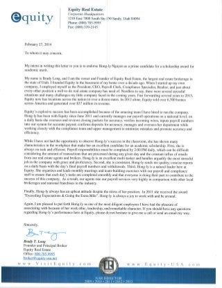 Recommendation Letter - Brady Long (Founder & Owner of Equity Real Estate)