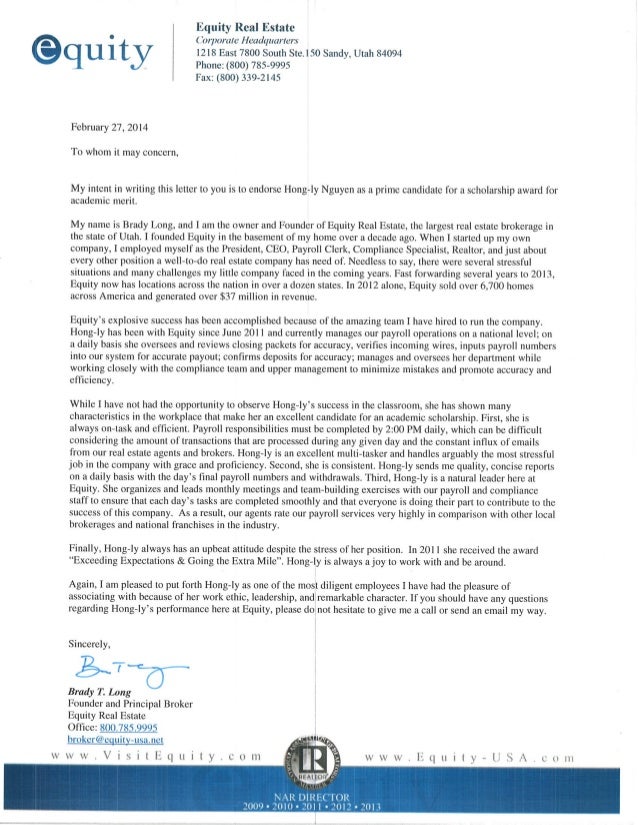 Recommendation Letter Brady Long Founder Owner Of Equity Real Es Real Estate Recommendation Letter Template