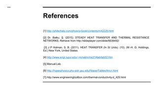 References
[1] http://philschatz.com/physics-book/contents/m42228.html
[2] Dr. Balku, Ş. (2015). STEADY HEAT TRANSFER AND THERMAL RESISTANCE
NETWORKS. Retrieve from http://slideplayer.com/slide/6638492/
[3] J P Holman, S. B. (2011). HEAT TRANSFER (In SI Units). (10). (M.-H. G. Holdings,
Ed.) New York, United States.
[4] http://www.engr.iupui.edu/~mrnalim/me314lab/lab02.htm
[5] Manual Lab.
[6] http://hyperphysics.phy-astr.gsu.edu/hbase/Tables/thrcn.html
[7] http://www.engineeringtoolbox.com/thermal-conductivity-d_429.html
 