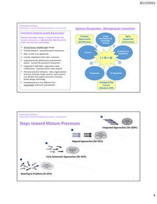 8/17/2015
4
Breakthrough Healthcare
Innovation and the Baldrige Excellence Framework
Innovation (requires people & processes)
Making meaningful change to improve health care
services, processes, or organizational effectiveness &
create new value for stakeholders.
 Discontinuous, breakthrough change
 Transformational: new performance dimensions
 New, or new to its application
 Includes adaptations from other industries
 Supported by the performance improvement
system: not just the purview of researchers
 Integrated in daily work, organization-wide
collaboration. Learning culture; team wisdom.
 Pervasive practical relevance: ideas, organizational
structure, business model, services, work systems,
care delivery and support processes, therapies,
facility design, technology
 Complementary to, but different from,
incremental continuous improvement
1) Idea
development &
knowledge
sharing
2) Decision to
implement
3) Implement4) Evaluate
5) Learn
Systems Perspective: Managing for Innovation
Strategic
Opportunity
Identification
Agile,
Supportive
Environment
Intelligent Risk
Pursuit
(Wisdom, Will)
I = IR + SE
7
Steps toward Mature Processes
Breakthrough Healthcare
Innovation and the Baldrige Excellence Framework
Reacting to Problems (0–25%)
1
Early Systematic Approaches (30–45%)
2
Aligned Approaches (50–65%)
3
Integrated Approaches (70–100%)
4
8
 
