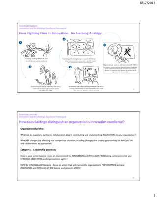 8/17/2015
5
From Fighting Fires to Innovation: An Learning Analogy
Breakthrough Healthcare
Innovation and the Baldrige Excellence Framework
9
Breakthrough Healthcare
Innovation and the Baldrige Excellence Framework
How does Baldrige distinguish an organization’s innovation excellence?
Organizational profile:
What role do suppliers, partners & collaborators play in contributing and implementing INNOVATIONS in your organization?
What KEY changes are affecting your competitive situation, including changes that create opportunities for INNOVATION
and collaboration, as appropriate?
Category 1: Leadership processes
How do your senior leaders create an environment for INNOVATION and INTELLIGENT RISK taking, achievement of your
STRATEGIC OBJECTIVES, and organizational agility?
HOW do SENIOR LEADERS create a focus on action that will improve the organization’s PERFORMANCE, achieve
INNOVATION and INTELLIGENT RISK taking, and attain its VISION?
10
 