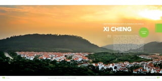 ©2016 DEVELOPMENT DESIGN GROUP, INC. ALL RIGHTS RESERVED. DDG LANDSCAPE DESIGN 0706 XI CHENG
xi cheng
CLIENT | China Merchants Real Estate Ltd.; Shenzhen OCT Real Estate Ltd.
Shenzhen
CHINA
52.7 ac
51.3 ha
Xi Cheng, which loosely translates to “Dawn
of a New City”, is a 568 acre residential and
mixed use development that exudes elegant
style and tranquility. Composed of three intercon-
necting areas, including the Buena Vista residential
community and the Las Terrazas commercial district,
and tucked against the base of majestic Jinggangshan
Mountains its dramatic location resonates with urban
convenience and comfortable community living. Pocket
parks, green space and water emphasize the organic
nature of the master plan. The layout flows with the ex-
isting topography; a natural progression of space that
adds to a sense of discovery.
 