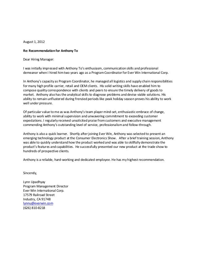 to anthony letter of recommendation unsolicited recommendation letter