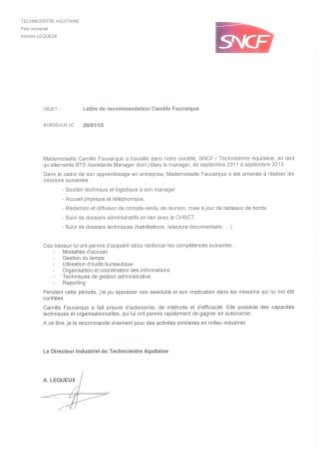Technicentre Aquitaine - SNCF - M.LEQUEUX - Lettre de Recommandation