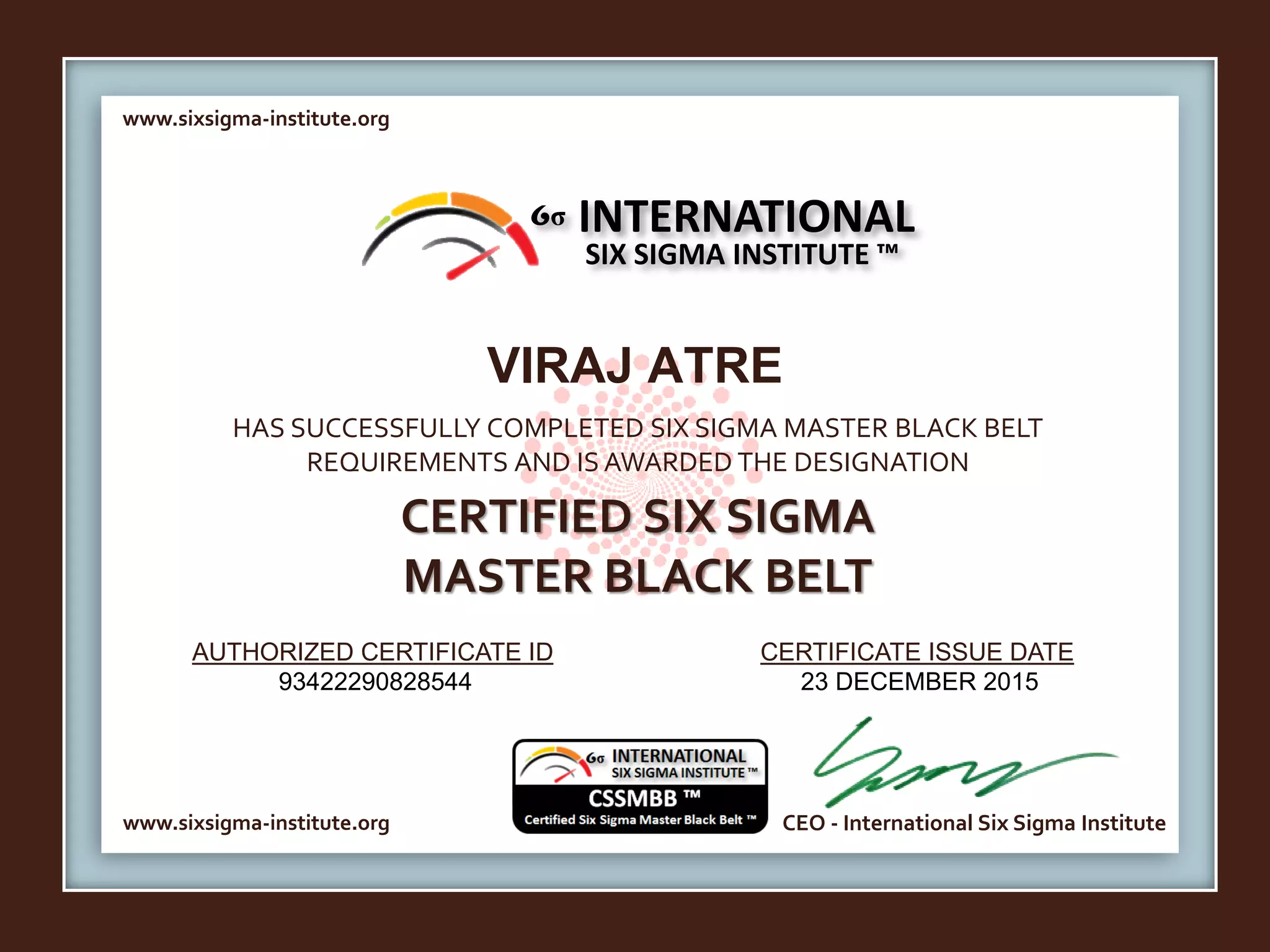 Six Sigma Master Black Belt Certificate Viraj Atre | PPT | Free Download