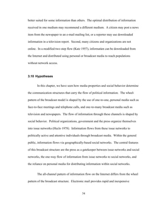 54
better suited for some information than others. The optimal distribution of information
received in one medium may recommend a different medium. A citizen may post a news
item from the newspaper to an e-mail mailing list, or a reporter may use downloaded
information in a television report. Second, many citizens and organizations are not
online. In a modified two-step flow (Katz 1957), information can be downloaded from
the Internet and distributed using personal or broadcast media to reach populations
without network access.
3.10 Hypotheses
In this chapter, we have seen how media properties and social behavior determine
the communication structures that carry the flow of political information. The wheel-
pattern of the broadcast model is shaped by the use of one-to-one, personal media such as
face-to-face meetings and telephone calls, and one-to-many broadcast media such as
television and newspapers. The flow of information through these channels is shaped by
social behavior. Political organizations, government and the press organize themselves
into issue networks (Heclo 1978). Information flows from these issue networks to
politically active and attentive individuals through broadcast media. Within the general
public, information flows via geographically-based social networks. The central features
of this broadcast structure are the press as a gatekeeper between issue networks and social
networks, the one-way flow of information from issue networks to social networks, and
the reliance on personal media for distributing information within social networks.
The all-channel pattern of information flow on the Internet differs from the wheel
pattern of the broadcast structure. Electronic mail provides rapid and inexpensive
 