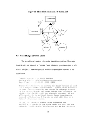 76
Figure 12: Flow of Information on MN-Politics List
4.6 Case Study: Common Cause
The second thread concerns a discussion about Common Cause Minnesota.
David Schultz, the president of Common Cause Minnesota, posted a message to MN-
Politics on April 27, 1996 notifying list members of openings on the board of the
organization.
Common Cause Solicits Board Members
David A Schultz (schul064@maroon.tc.umn.edu)
Sat, 27 Apr 1996 09:58:01 -0500 (CDT)
Common Cause Minnesota is seeking new board members to head
its 4,000 plus member organization. Common Cause Minnesota
is committed to addressing the issues of campaign finance
reform, ethics reform, and other issues that influence the
integrity of the political and election process. We are
affiliated with the national Common Cause organization
located in Washington, D.C., and we work with them on a
variety of national issues.
In the last few years Common Cause Minnesota has
successfully lobbied on the state level for gift ban and
campaign finance reform legislation, and we are currently
 