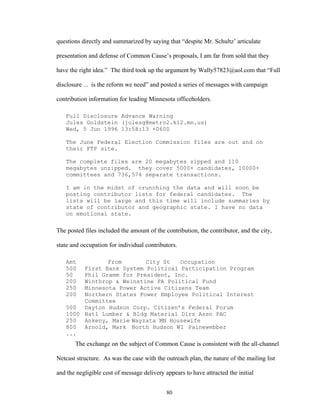 80
questions directly and summarized by saying that “despite Mr. Schultz’ articulate
presentation and defense of Common Cause’s proposals, I am far from sold that they
have the right idea.” The third took up the argument by Wally57823@aol.com that “Full
disclosure ... is the reform we need” and posted a series of messages with campaign
contribution information for leading Minnesota officeholders.
Full Disclosure Advance Warning
Jules Goldstein (julesg@metro2.k12.mn.us)
Wed, 5 Jun 1996 13:58:13 +0600
The June Federal Election Commission files are out and on
their FTP site.
The complete files are 20 megabytes zipped and 110
megabytes unzipped. they cover 5000+ candidates, 10000+
committees and 736,574 separate transactions.
I am in the midst of crunching the data and will soon be
posting contributor lists for federal candidates. The
lists will be large and this time will include summaries by
state of contributor and geographic state. I have no data
on emotional state.
The posted files included the amount of the contribution, the contributor, and the city,
state and occupation for individual contributors.
Amt From City St Occupation
500 First Bank System Political Participation Program
50 Phil Gramm for President, Inc.
200 Winthrop & Weinstine PA Political Fund
250 Minnesota Power Active Citizens Team
200 Northern States Power Employee Political Interest
Committee
500 Dayton Hudson Corp. Citizen’s Federal Forum
1000 Natl Lumber & Bldg Material Dlrs Assn PAC
250 Ankeny, Marie Wayzata MN Housewife
800 Arnold, Mark North Hudson WI Painewebber
...
The exchange on the subject of Common Cause is consistent with the all-channel
Netcast structure. As was the case with the outreach plan, the nature of the mailing list
and the negligible cost of message delivery appears to have attracted the initial
 