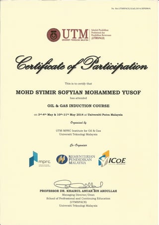 syimir sofyian's UTM INDUCTION certificate