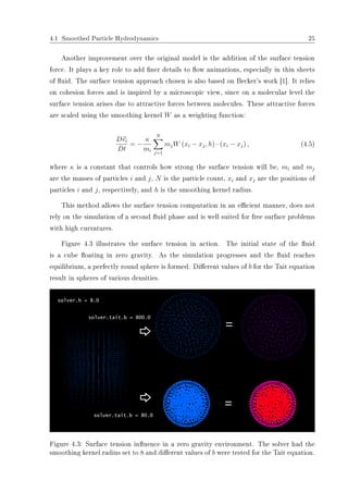 4.1 Smoothed Particle Hydrodynamics 25
Another improvement over the original model is the addition of the surface tension
force. It plays a key role to add ner details to ow animations, especially in thin sheets
of uid. The surface tension approach chosen is also based on Becker's work [1]. It relies
on cohesion forces and is inspired by a microscopic view, since on a molecular level the
surface tension arises due to attractive forces between molecules. These attractive forces
are scaled using the smoothing kernel W as a weighting function:
Dvi
Dt
= −
κ
mi
N
j=1
mjW (xi − xj, h) · (xi − xj) , (4.5)
where κ is a constant that controls how strong the surface tension will be, mi and mj
are the masses of particles i and j, N is the particle count, xi and xj are the positions of
particles i and j, respectively, and h is the smoothing kernel radius.
This method allows the surface tension computation in an ecient manner, does not
rely on the simulation of a second uid phase and is well suited for free surface problems
with high curvatures.
Figure 4.3 illustrates the surface tension in action. The initial state of the uid
is a cube oating in zero gravity. As the simulation progresses and the uid reaches
equilibrium, a perfectly round sphere is formed. Dierent values of b for the Tait equation
result in spheres of various densities.
Figure 4.3: Surface tension inuence in a zero gravity environment. The solver had the
smoothing kernel radius set to 8 and dierent values of b were tested for the Tait equation.
 