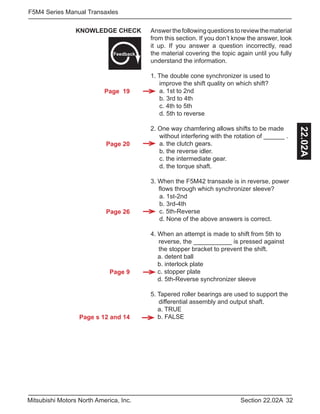 Page 19
Page 20
Page 26
Page 9
Page s 12 and 14
32Section 22.02AMitsubishi Motors North America, Inc.
F5M4 Series Manual Transaxles
22.02A
Answerthefollowingquestionstoreviewthematerial
from this section. If you don’t know the answer, look
it up. If you answer a question incorrectly, read
the material covering the topic again until you fully
understand the information.
1. The double cone synchronizer is used to
improve the shift quality on which shift?
a. 1st to 2nd
b. 3rd to 4th
c. 4th to 5th
d. 5th to reverse
2. One way chamfering allows shifts to be made
without interfering with the rotation of ______ .
a. the clutch gears.
b. the reverse idler.
c. the intermediate gear.
d. the torque shaft.
3. When the F5M42 transaxle is in reverse, power 	
	 flows through which synchronizer sleeve?
a. 1st-2nd
b. 3rd-4th
c. 5th-Reverse
d. None of the above answers is correct.
4. When an attempt is made to shift from 5th to 	
	 reverse, the ___________ is pressed against 	
	 the stopper bracket to prevent the shift.
a. detent ball
b. interlock plate
c. stopper plate
d. 5th-Reverse synchronizer sleeve
5. Tapered roller bearings are used to support the 	
	 differential assembly and output shaft.
a. TRUE
b. FALSE
KNOWLEDGE CHECK
Feedback
 
