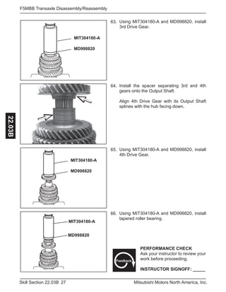 27Skill Section 22.03B Mitsubishi Motors North America, Inc.
F5MBB Transaxle Disassembly/Reassembly22.03B
Using MIT304180-A and MD998820, install
4th Drive Gear.
65.
MIT304180-A
MD998820
Using MIT304180-A and MD998820, install
3rd Drive Gear.
63.
MIT304180-A
MD998820
Install the spacer separating 3rd and 4th
gears onto the Output Shaft.
Align 4th Drive Gear with its Output Shaft
splines with the hub facing down.
64.
Using MIT304180-A and MD998820, install
tapered roller bearing.
66.
MIT304180-A
MD998820
PERFORMANCE CHECK
Ask your instructor to review your
work before proceeding.
INSTRUCTOR SIGNOFF: _____
Feedback
 