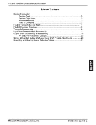 2Skill Section 22.04BMitsubishi Motors North America, Inc.
F5MBD Transaxle Disassembly/Reassembly
22.04B
Table of Contents
Section Introduction
Section Goal ………………………………………………………………...…… 3
Section Objectives ………………………………………………………………. 3
Needed Materials ……………………………………………………………….. 3
Time to Complete ……………………………………………………………….. 3
F5MBD Transaxle Special Tools .………….………………..………………….…… 4
F5MBD Exploded Drawings ………………………………...…………………………. 5
Transaxle Disassembly …...…….…………………………………………………….. 8
Input Shaft Disassembly & Reassembly …………………………………….……….. 11
Output Shaft Disassembly & Reassembly ….………………………………………… 18
1st
and 2nd
Synchronizer Designs .…………….…….………………………… 23
Center Differential, Output Shaft, and Input Shaft Preload Adjustments …………. 28
Snap Ring and Bearing Spacer Selection Tables …………………………………… 31
 