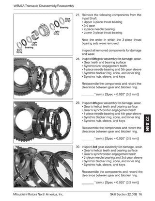 16Skill Section 22.05BMitsubishi Motors North America, Inc.
W5M6A Transaxle Disassembly/Reassembly
22.05B
Remove the following components from the
Input Shaft.
• Upper 3-piece thrust bearing
• 3rd gear
• 2-piece needle bearing
• Lower 3-piece thrust bearing
Note the order in which the 3-piece thrust
bearing sets were removed.
Inspect all removed components for damage
and wear.
27.
Bearing
Bearing
Dark
Gray
Light
Gray
Light
Gray
Dark
Gray
Inspect 5th gear assembly for damage, wear.
• Gear teeth and bearing surface
• Synchronizer engagement teeth
• 1-piece needle bearing and 5th gear sleeve
• Synchro blocker ring, cone, and inner ring
• Synchro hub, sleeve, and keys
Reassemble the components and record the
clearance between gear and blocker ring.
_______ “ (mm) [Spec = 0.020” (0.5 mm)]
28.
29.
30.
Inspect 4th gear assembly for damage, wear.
• Gear’s helical teeth and bearing surface
• Gear’s synchronizer engagement teeth
• 1-piece needle bearing and 4th gear sleeve
• Synchro blocker ring, cone, and inner ring
• Synchro hub, sleeve, and keys
Reassemble the components and record the
clearance between gear and blocker ring.
_______ “ (mm) [Spec = 0.020” (0.5 mm)]
Inspect 3rd gear assembly for damage, wear.
• Gear’s helical teeth and bearing surface
• Gear’s synchronizer engagement teeth
• 2-piece needle bearing and 3rd gear sleeve
• Synchro blocker ring, cone, and inner ring
• Synchro hub, sleeve, and keys
Reassemble the components and record the
clearance between gear and blocker ring.
_______ “ (mm) [Spec = 0.020” (0.5 mm)]
 