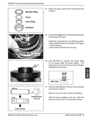 18Skill Section 22.05BMitsubishi Motors North America, Inc.
W5M6A Transaxle Disassembly/Reassembly
22.05B
35.
Note the Identification Groove in the 3rd gear
synchronizer sleeve.
Note 3rd synchro hub’s correct orientation.
With the keys installed in the hub, slide the
sleeve over the hub in the direction shown.
37.
Identification
Groove
(Input Shaft)
Sleeve
Hub
Inspect the upper thrust bearing components
for damage and wear.
Install the components in the following order.
• Steel colored washer first (against 3rd gear)
• Thrust bearing
• Dark colored washer last (on top)
Install 3rd gear synchronizer assembly onto
3rd gear.
34.
Inner Ring
Blocker Ring
3rd Gear
Cone
Light Gray
Dark Gray
Use MIT4193 to support the Input Shaft
on the press table as shown below. The
bearing’s inner race must rest on the shoulder
indicated by the arrow.
36.
MIT4193
 