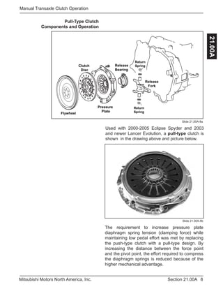 8Section 21.00AMitsubishi Motors North America, Inc.
Manual Transaxle Clutch Operation
21.00A
Used with 2000-2005 Eclipse Spyder and 2003
and newer Lancer Evolution, a pull-type clutch is
shown in the drawing above and picture below.
Slide 21.00A-8a
Pull-Type Clutch
Components and Operation
The requirement to increase pressure plate
diaphragm spring tension (clamping force) while
maintaining low pedal effort was met by replacing
the push-type clutch with a pull-type design. By
increasing the distance between the force point
and the pivot point, the effort required to compress
the diaphragm springs is reduced because of the
higher mechanical advantage.
Slide 21.00A-8b
Flywheel
Clutch
Disc
Pressure
Plate
Release
Fork
Release
Bearing
Return
Spring
Return
Spring
 
