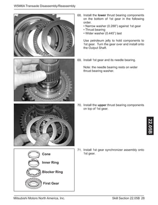 28Skill Section 22.05BMitsubishi Motors North America, Inc.
W5M6A Transaxle Disassembly/Reassembly
22.05B
Install the lower thrust bearing components
on the bottom of 1st gear in the following
order.
• Narrow washer (0.288”) against 1st gear
• Thrust bearing
• Wider washer (0.445”) last
Use petroleum jelly to hold components to
1st gear. Turn the gear over and install onto
the Output Shaft.
68.
Install 1st gear and its needle bearing.
Note: the needle bearing rests on wider
thrust bearing washer.
69.
Install the upper thrust bearing components
on top of 1st gear.
70.
Install 1st gear synchronizer assembly onto
1st gear.
71.
Cone
Inner Ring
Blocker Ring
First Gear
 