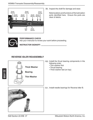 37Skill Section 22.05B Mitsubishi Motors North America, Inc.
W5M6A Transaxle Disassembly/Reassembly22.05B
Inspect the shaft for damage and wear.
Note locations and functions of the lubrication
ports identified here. Ensure the ports are
clear of debris.
99.
Install the thrust bearing components in the
following order.
• Thin washer first
• Thrust bearing
• Thick washer last (on top)
100.
Install needle bearings for Reverse Idler B.101.
Thrust
Bearing
Thrust
Bearing
Thrust
Bearing
Needle
Bearing
Needle
Bearing
Needle
Bearing
Needle
Bearing
Lock
Ball
Thrust
Bearing
PERFORMANCE CHECK
Ask your instructor to review your work before proceeding.
INSTRUCTOR SIGNOFF: _________________________
Feedback
REVERSE IDLER REASSEMBLY
Thick Washer
Thin Washer
Bearing
 