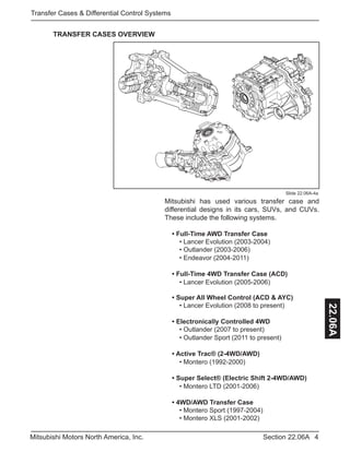 4Section 22.06AMitsubishi Motors North America, Inc.
Transfer Cases & Differential Control Systems
22.06A
TRANSFER CASES OVERVIEW
Mitsubishi has used various transfer case and
differential designs in its cars, SUVs, and CUVs.
These include the following systems.
• Full-Time AWD Transfer Case
• Lancer Evolution (2003-2004)
• Outlander (2003-2006)
• Endeavor (2004-2011)
• Full-Time 4WD Transfer Case (ACD)
• Lancer Evolution (2005-2006)
• Super All Wheel Control (ACD & AYC)
• Lancer Evolution (2008 to present)
• Electronically Controlled 4WD
• Outlander (2007 to present)
• Outlander Sport (2011 to present)
• Active Trac® (2-4WD/AWD)
• Montero (1992-2000)
• Super Select® (Electric Shift 2-4WD/AWD)
• Montero LTD (2001-2006)
• 4WD/AWD Transfer Case
• Montero Sport (1997-2004)
• Montero XLS (2001-2002)
Slide 22.06A-4a
 