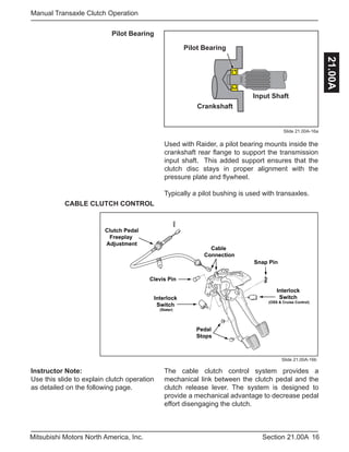 Instructor Note:
Use this slide to explain clutch operation
as detailed on the following page.
16Section 21.00AMitsubishi Motors North America, Inc.
Manual Transaxle Clutch Operation
21.00A
Slide 21.00A-16a
Pilot Bearing
Crankshaft
Input Shaft
Pilot Bearing
Used with Raider, a pilot bearing mounts inside the
crankshaft rear flange to support the transmission
input shaft. This added support ensures that the
clutch disc stays in proper alignment with the
pressure plate and flywheel.
Typically a pilot bushing is used with transaxles.
Slide 21.00A-16b
CABLE CLUTCH CONTROL
Cable
Connection
Snap Pin
Clevis Pin
Pedal
Stops
Interlock
Switch
(Stater)
Interlock
Switch
(OSS & Cruise Control)
Clutch Pedal
Freeplay
Adjustment
The cable clutch control system provides a
mechanical link between the clutch pedal and the
clutch release lever. The system is designed to
provide a mechanical advantage to decrease pedal
effort disengaging the clutch.
 