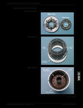 46Section 22.06AMitsubishi Motors North America, Inc.
Transfer Cases & Differential Control Systems
22.06A
Clutch Assembly Components
Main Cam
Pilot Cam
RampRamp
Clutch
Disc
Clutch
Plates
“Armature”
Steel Plate
Front Housing
Main Clutch
Assembly
Shaft
Pilot Clutch
Main Clutch
Slide 22.06A-46a
Cams and Balls
 