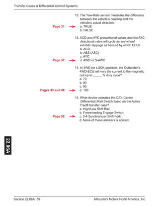 Page 31
Page 37
Pages 43 and 48
Page 58
69Section 22.06A Mitsubishi Motors North America, Inc.
Transfer Cases & Differential Control Systems22.06A
12. The Yaw-Rate sensor measures the difference 	
	 between the vehicle’s heading and the 		
	 vehicle’s actual direction.
	 a. TRUE
	 b. FALSE
13. ACD and AYC proportional valves and the AYC	
	 directional valve will cycle as any wheel 		
	 exhibits slippage as sensed by which ECU?	
	 a. ACD
	 b. ABS (ASC)
	 c. AYC
	 d. AWD or S-AWC
14. In 4WD (or LOCK) position, the Outlander’s 	
	 4WD-ECU will vary the current to the magnetic 	
	 coil up to _____ % duty cycle?	
	 a. 70
	 b. 80
	 c. 90
	 d. 100
15. What device operates the C/D (Center 	 	
	 Differential) Rail Switch found on the Active 	
Trac® transfer case?
	 a. High/Low Shift Rail
	 b. Freewheeling Engage Switch
	 c. 2-4 Synchronizer Shift Fork
	 d. None of these answers is correct.
 