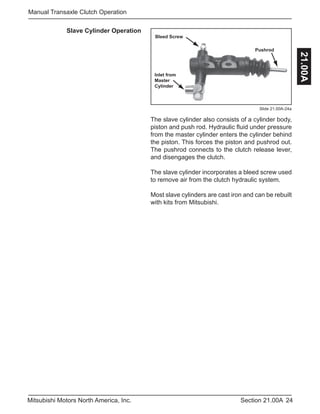 24Section 21.00AMitsubishi Motors North America, Inc.
Manual Transaxle Clutch Operation
21.00A
Slide 21.00A-24a
Bleed Screw
Inlet from
Master
Cylinder
Pushrod
The slave cylinder also consists of a cylinder body,
piston and push rod. Hydraulic fluid under pressure
from the master cylinder enters the cylinder behind
the piston. This forces the piston and pushrod out.
The pushrod connects to the clutch release lever,
and disengages the clutch.
The slave cylinder incorporates a bleed screw used
to remove air from the clutch hydraulic system.
Most slave cylinders are cast iron and can be rebuilt
with kits from Mitsubishi.
Slave Cylinder Operation
 