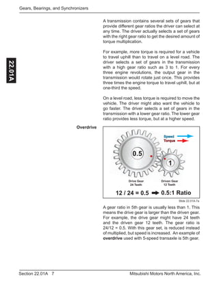 7Section 22.01A Mitsubishi Motors North America, Inc.
Gears, Bearings, and Synchronizers22.01A
A transmission contains several sets of gears that
provide different gear ratios the driver can select at
any time. The driver actually selects a set of gears
with the right gear ratio to get the desired amount of
torque multiplication.
For example, more torque is required for a vehicle
to travel uphill than to travel on a level road. The
driver selects a set of gears in the transmission
with a high gear ratio such as 3 to 1. For every
three engine revolutions, the output gear in the
transmission would rotate just once. This provides
three times the engine torque to travel uphill, but at
one-third the speed.
On a level road, less torque is required to move the
vehicle. The driver might also want the vehicle to
go faster. The driver selects a set of gears in the
transmission with a lower gear ratio. The lower gear
ratio provides less torque, but at a higher speed.
Overdrive
Drive Gear Driven Gear
1
0.5
24 Teeth 12 Teeth
12 / 24 = 0.5 0.5:1 Ratio
Speed
Torque
A gear ratio in 5th gear is usually less than 1. This
means the drive gear is larger than the driven gear.
For example, the drive gear might have 24 teeth
and the driven gear 12 teeth. The gear ratio is
24/12 = 0.5. With this gear set, is reduced instead
of multiplied, but speed is increased. An example of
overdrive used with 5-speed transaxle is 5th gear.
Slide 22.01A-7a
 